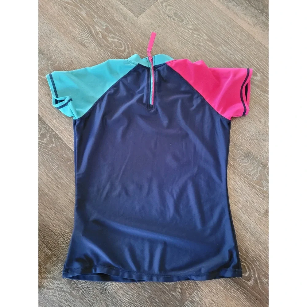 Eddie Bauer Kids Rash Guard L 14/16 Navy Blue Pink Short Sleeve Swim Shirt #8